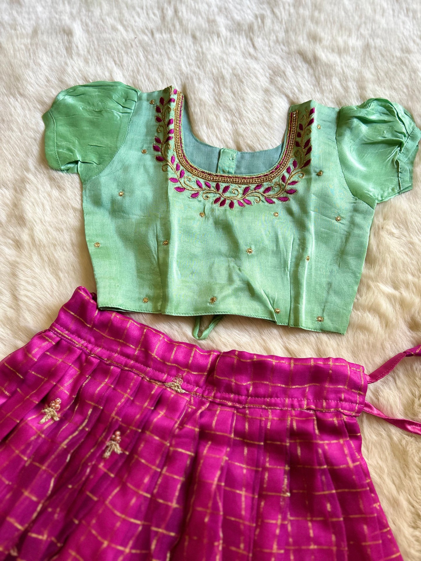 Mint Green with Pink Embroidered Neck - Langa Blouse Ethnic Wear for baby girl