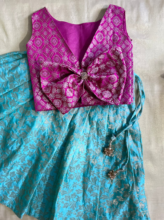 Designer Bow blouse pink and blue langa blouse for baby girl