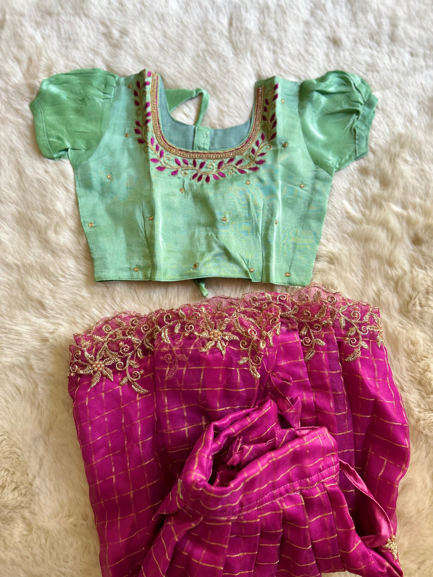 Mint Green with Pink Embroidered Neck - Langa Blouse Ethnic Wear for baby girl