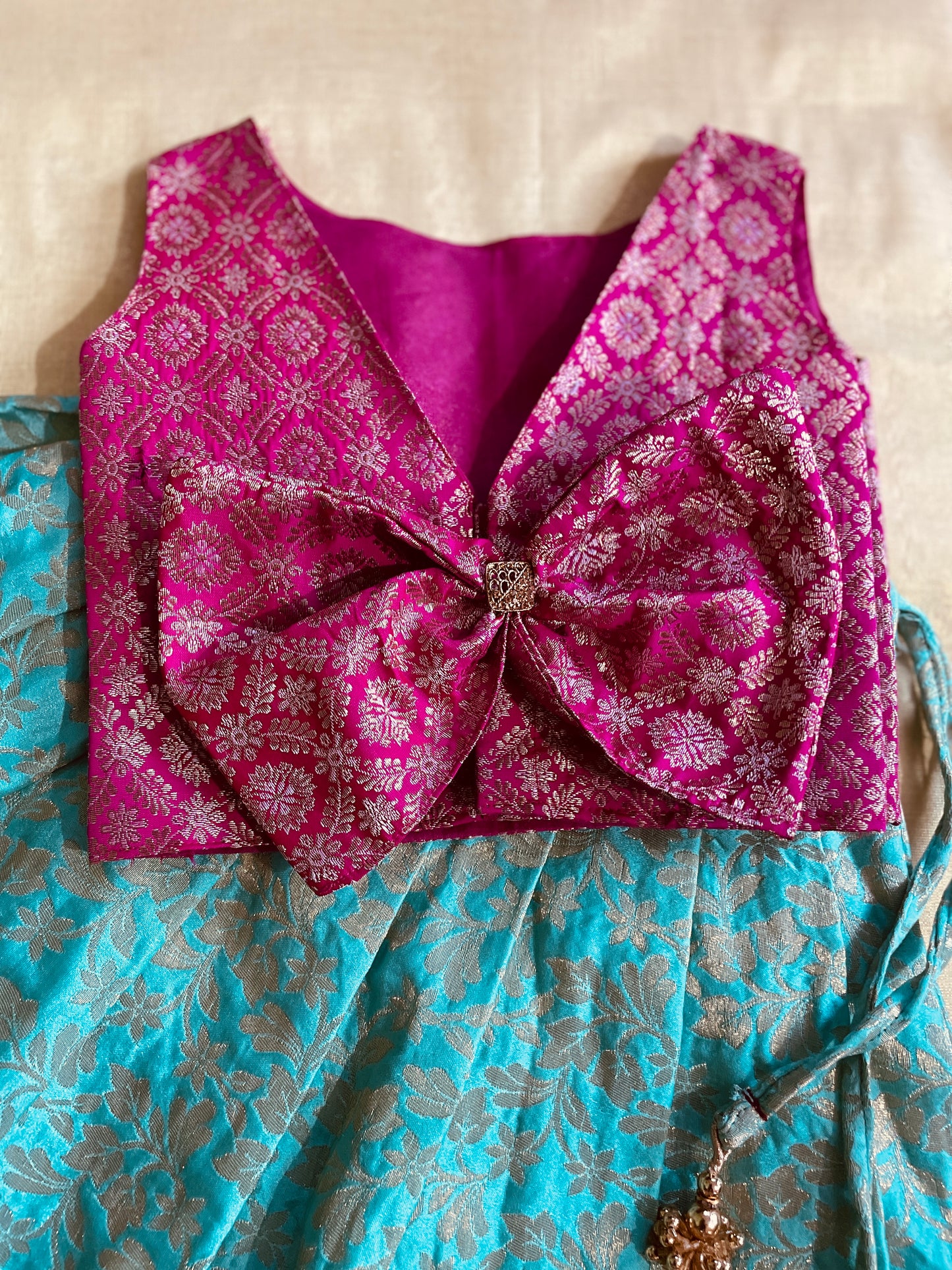 Designer Bow blouse pink and blue langa blouse for baby girl