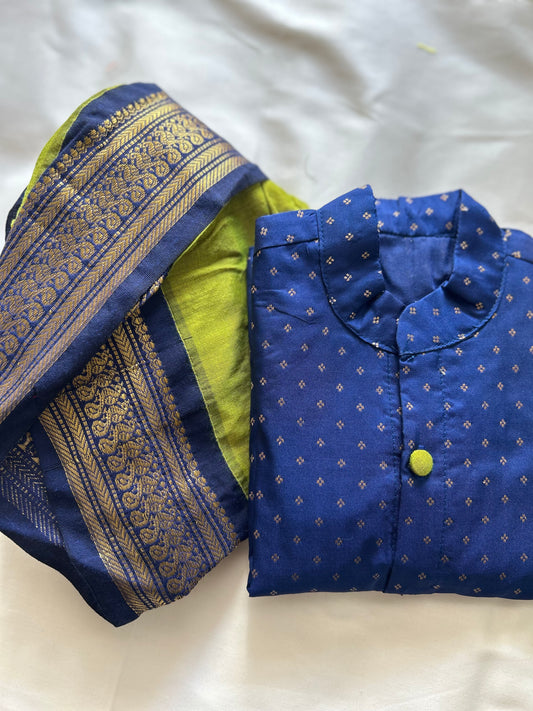 Light green and navy blue embroidered kurta dhoti ethnic dress for baby boy