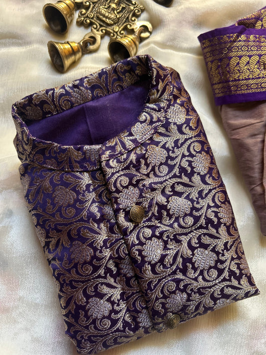 Purple and grey banarasi silk kurta dhoti baby boy ethnic wear