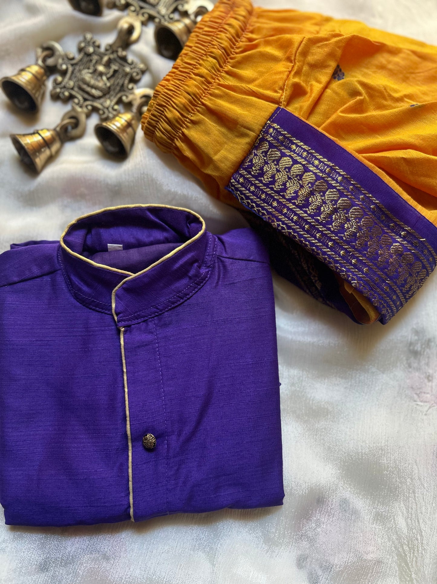 Purple and mango yellow kurta dhoti baby boy ethnic wear