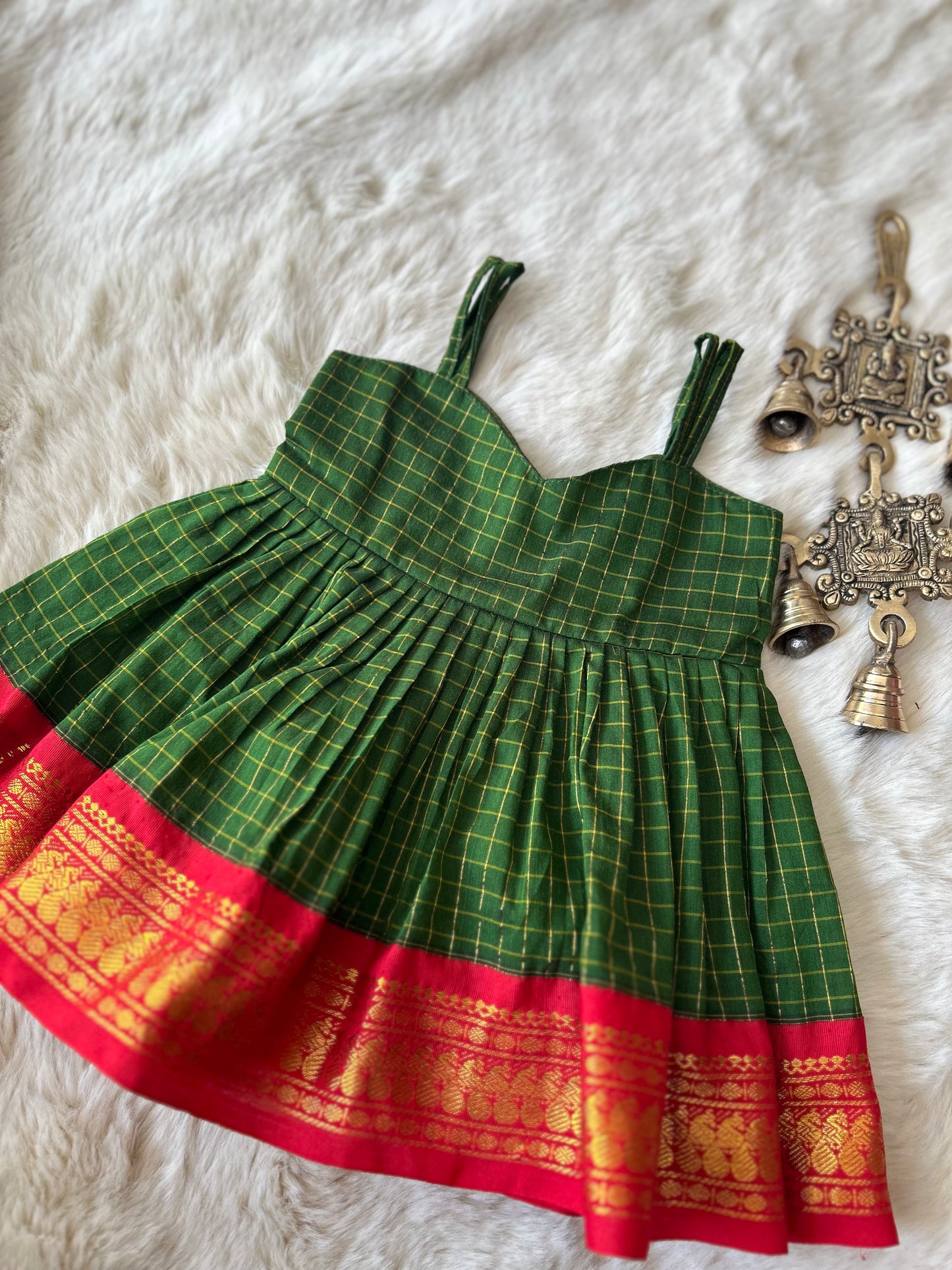 Traditional green and red checked sleeveless ethnic wear frock for baby girl