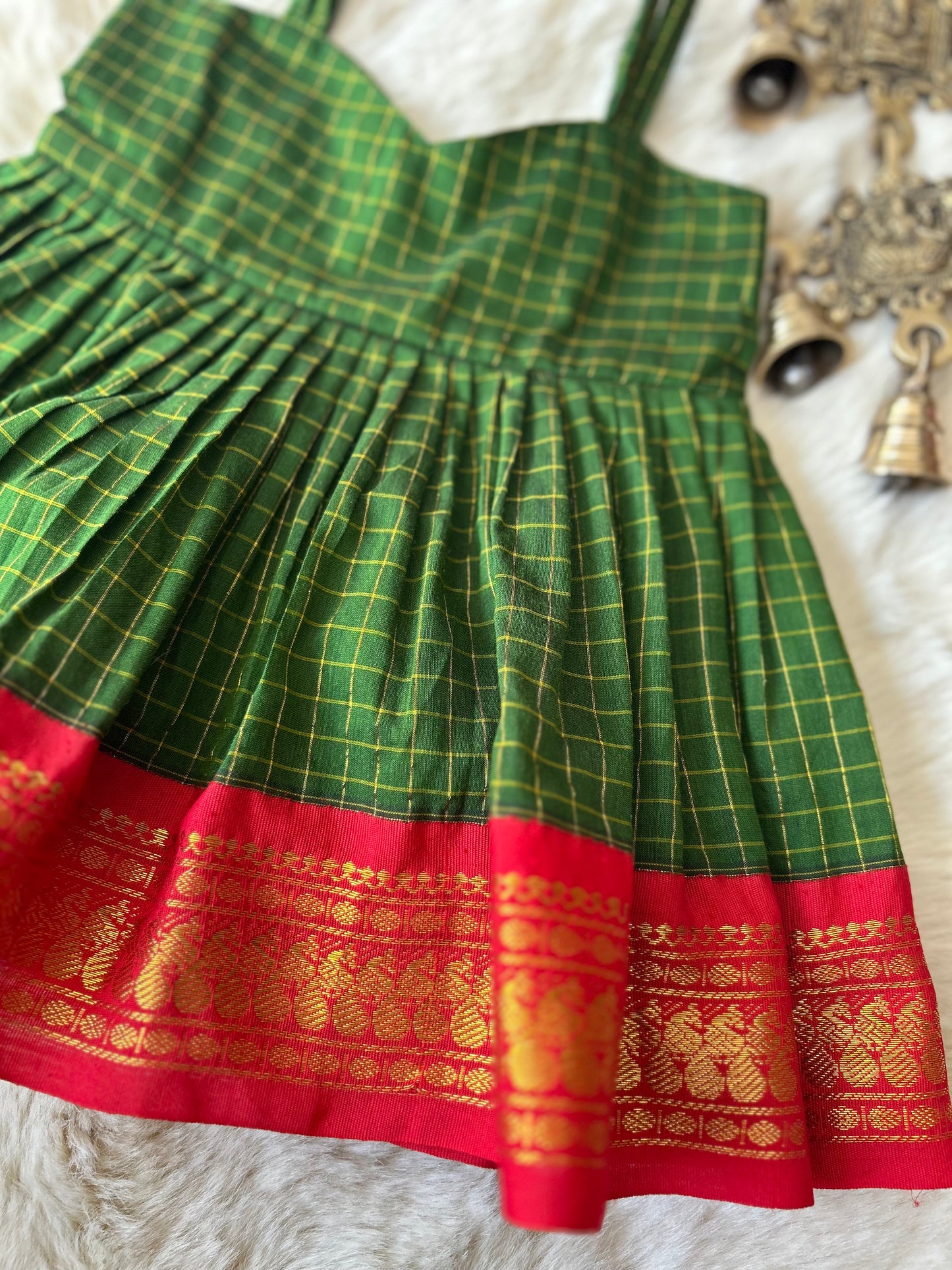 Traditional green and red checked sleeveless ethnic wear frock for baby girl