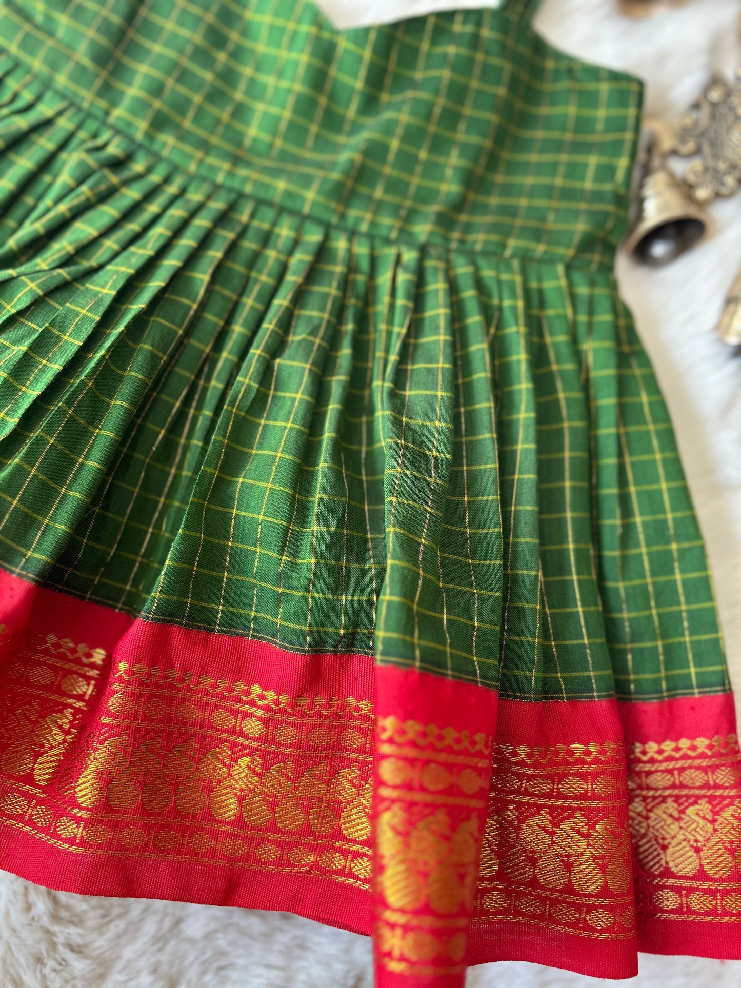 Traditional green and red checked sleeveless ethnic wear frock for baby girl