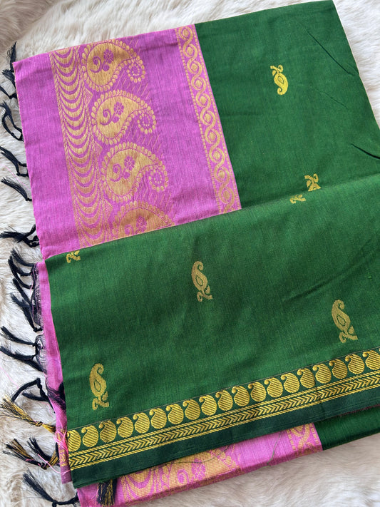 Green and onion pink - Premium Cotton Silk Saree with Contrast Blouse