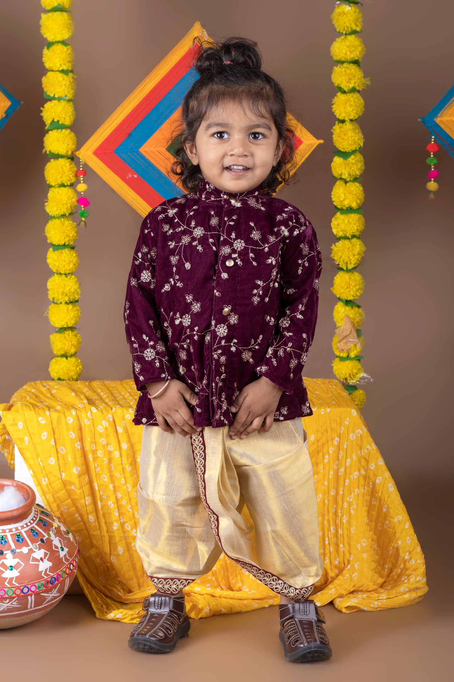 Deep wine velvet and Gold Dhoti Ethnic Wear for Baby Boy