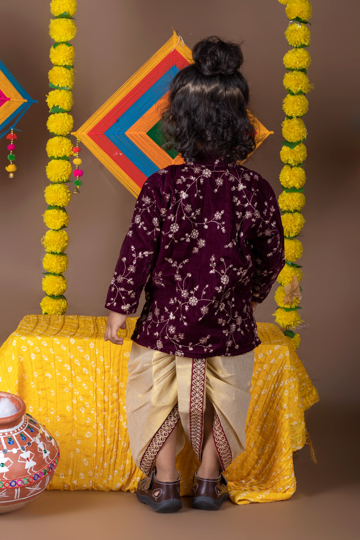 Deep wine velvet and Gold Dhoti Ethnic Wear for Baby Boy