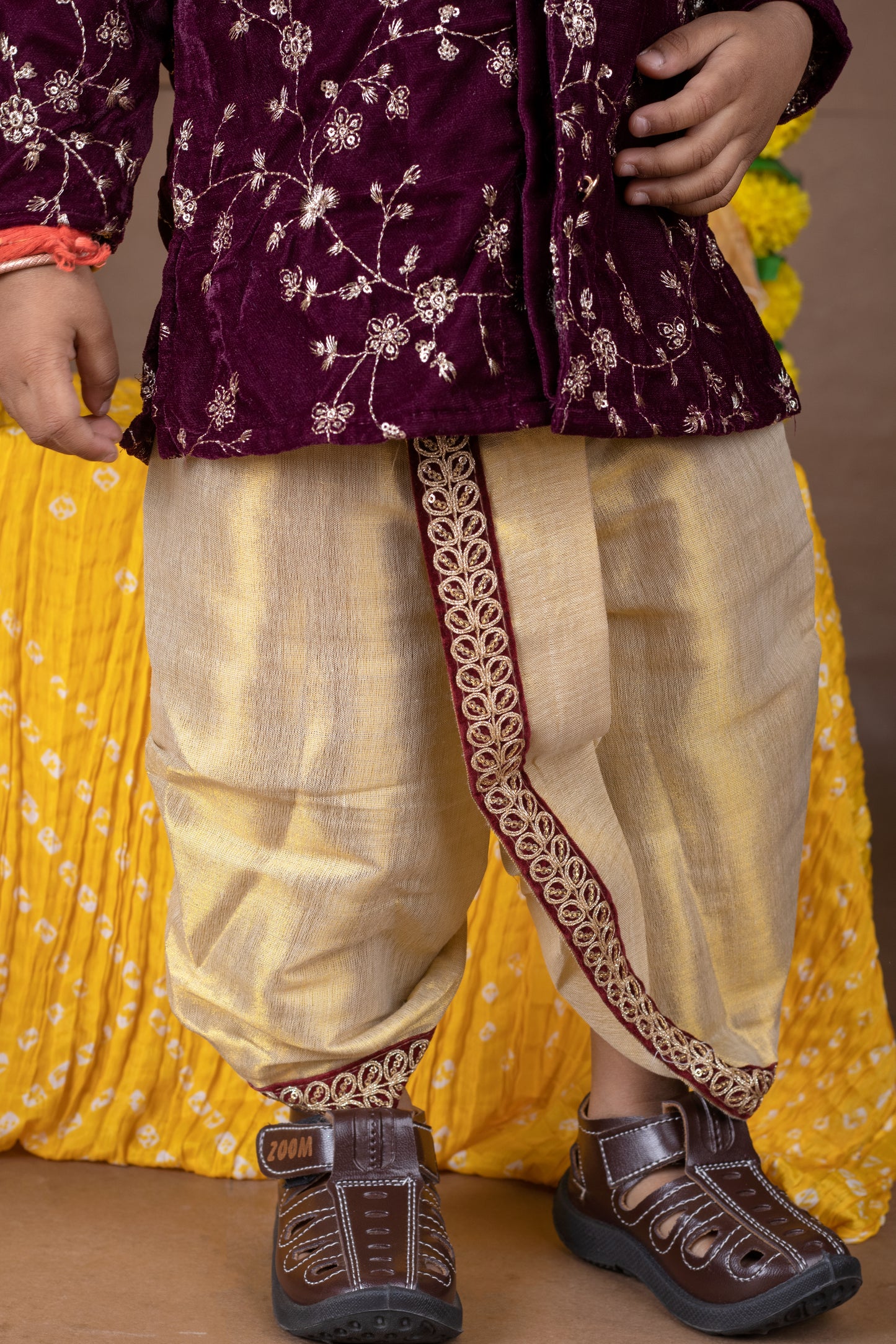 Deep wine velvet and Gold Dhoti Ethnic Wear for Baby Boy