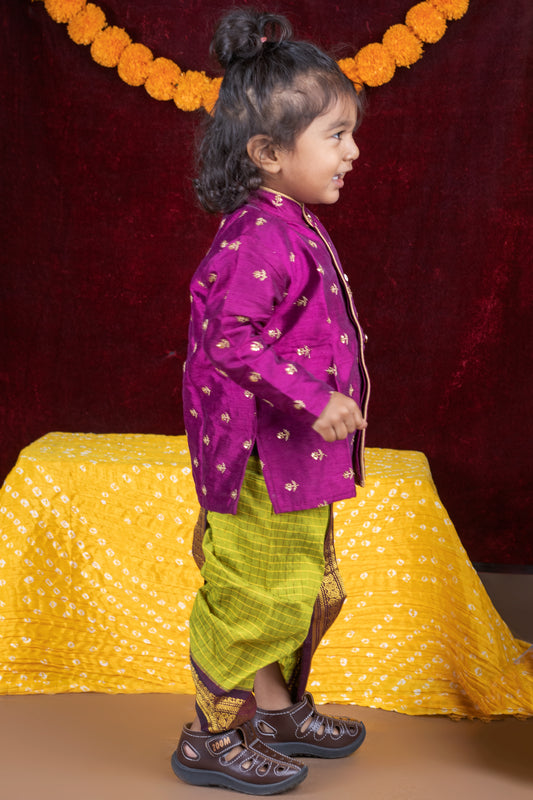 Embroidery Wine and checked green dhoti with zari border ethnic wear for baby boy