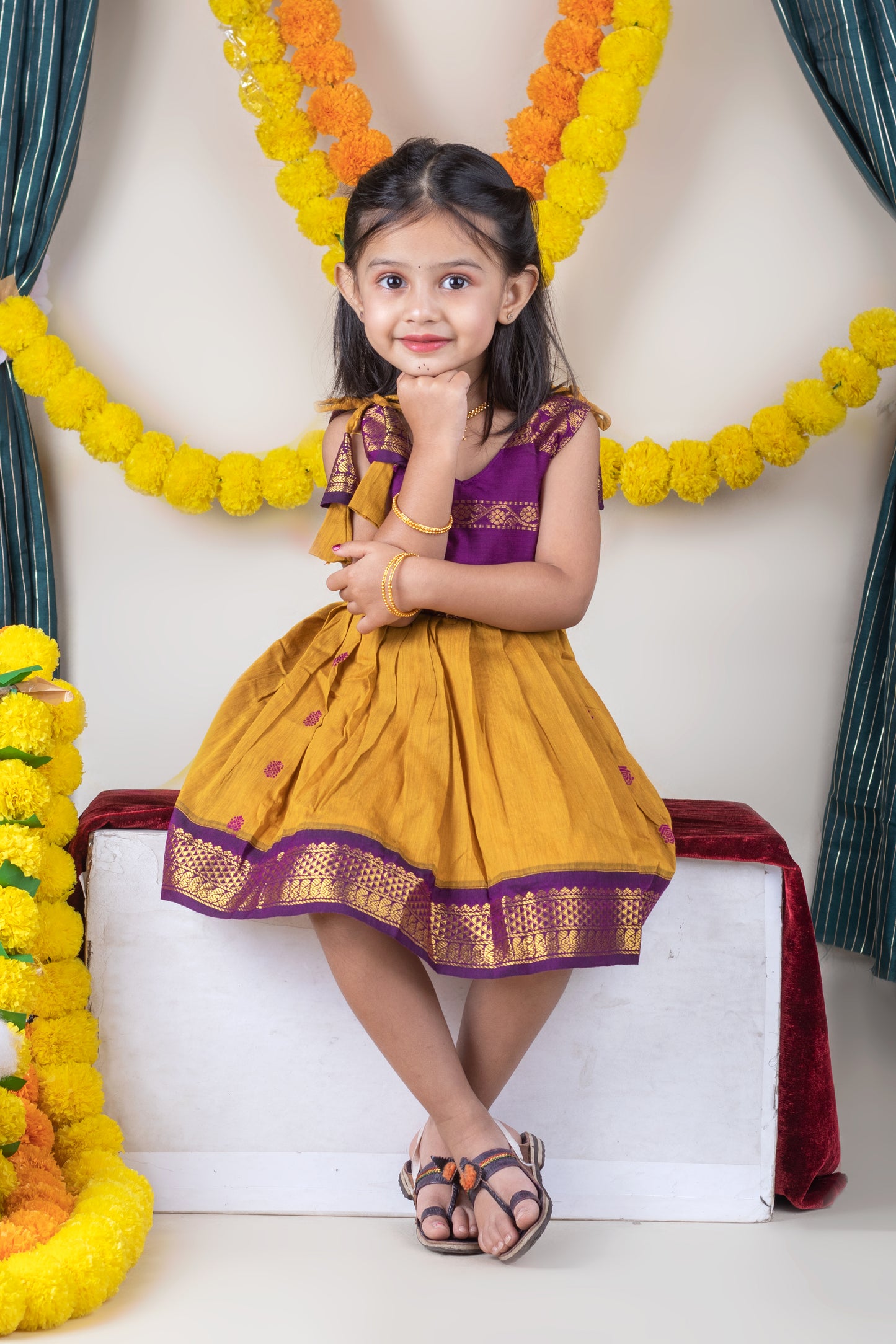 Turmeric yellow with mulberry combination tie up dress for baby girl