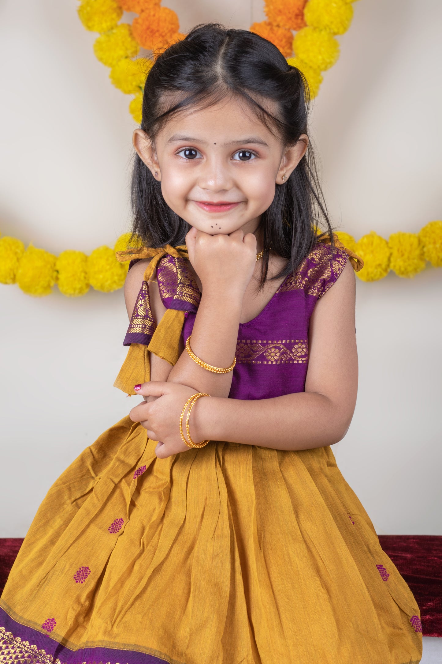 Turmeric yellow with mulberry combination tie up dress for baby girl