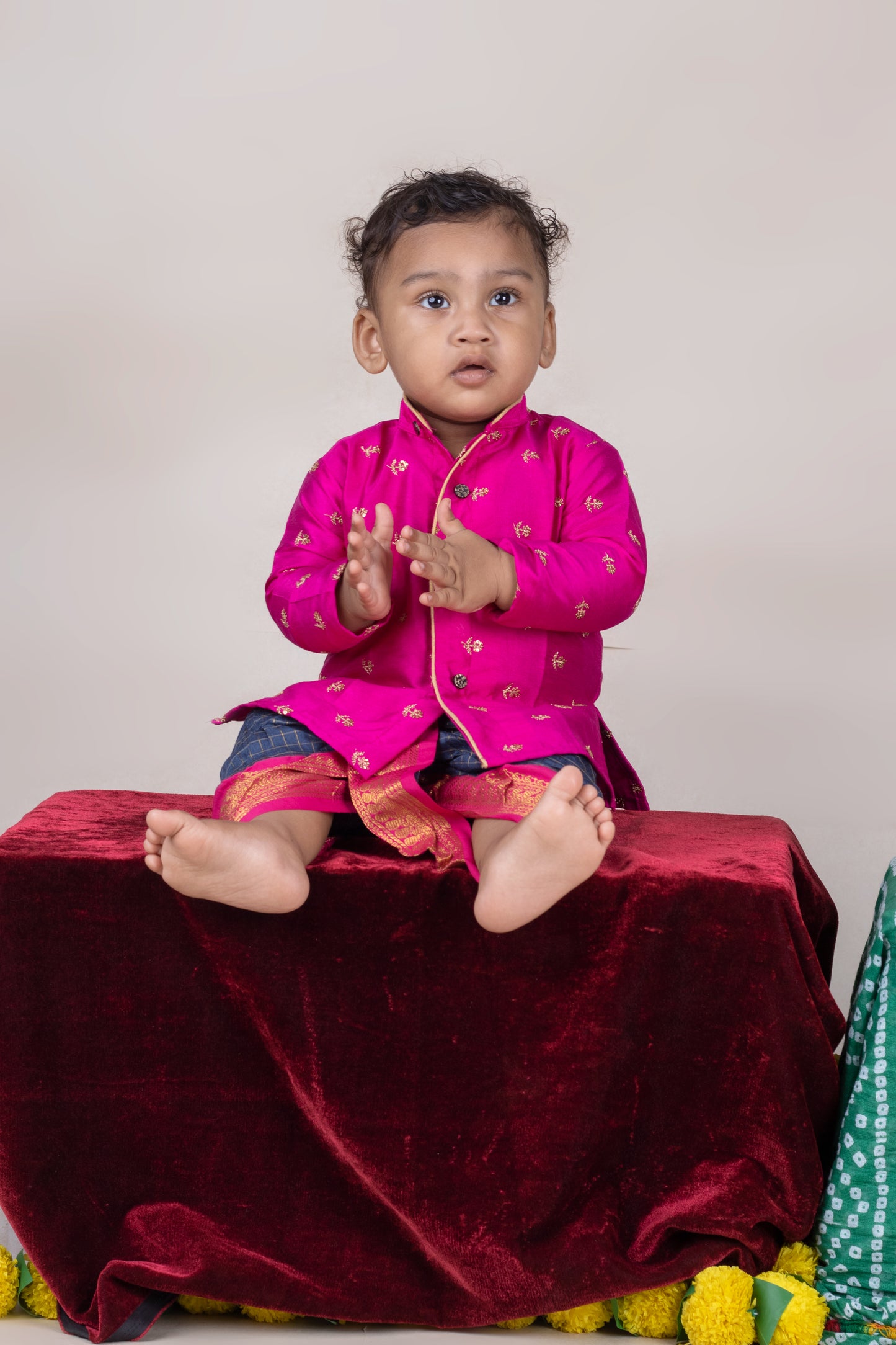 Pink with checked blue - kurta dhoti ethnic wear for baby boy