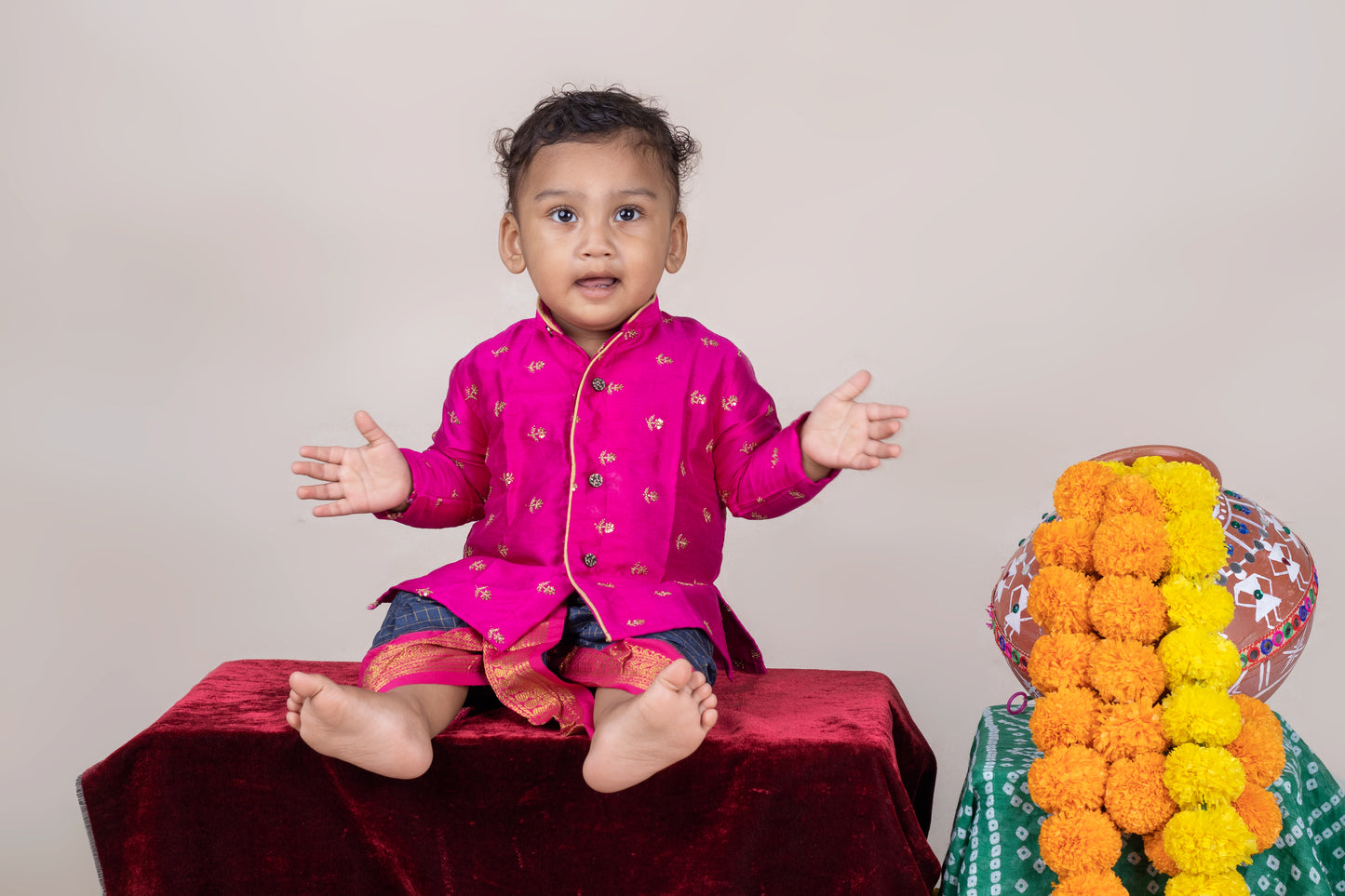 Pink with checked blue - kurta dhoti ethnic wear for baby boy