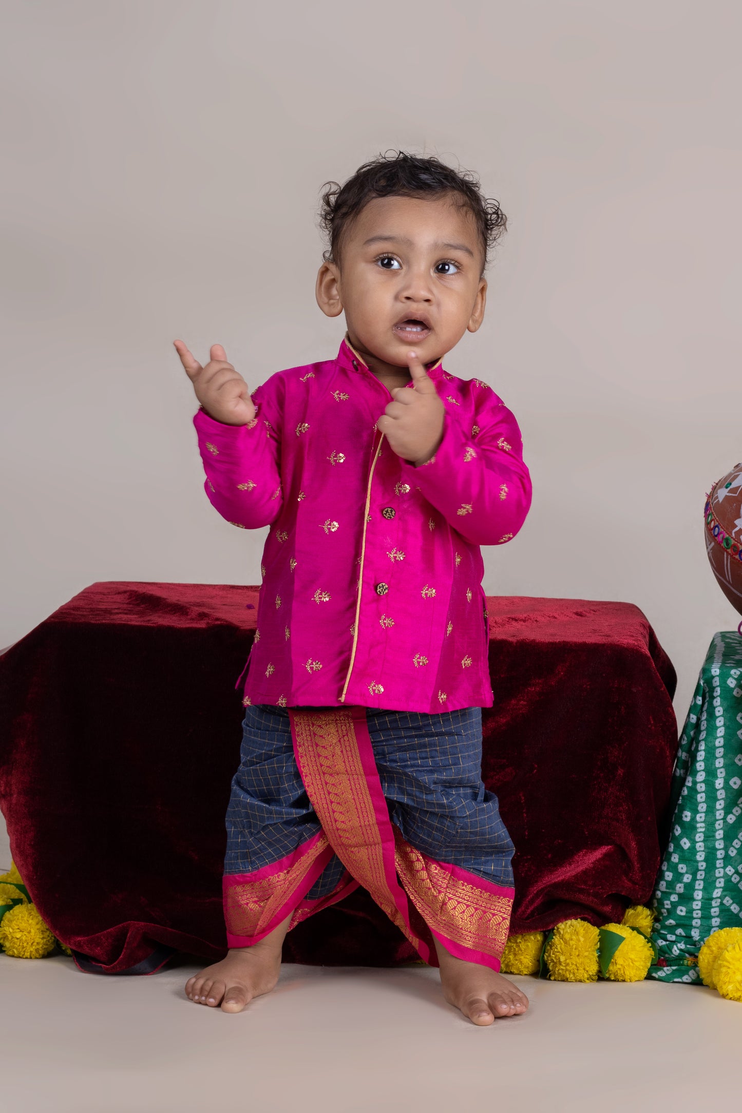 Pink with checked blue - kurta dhoti ethnic wear for baby boy