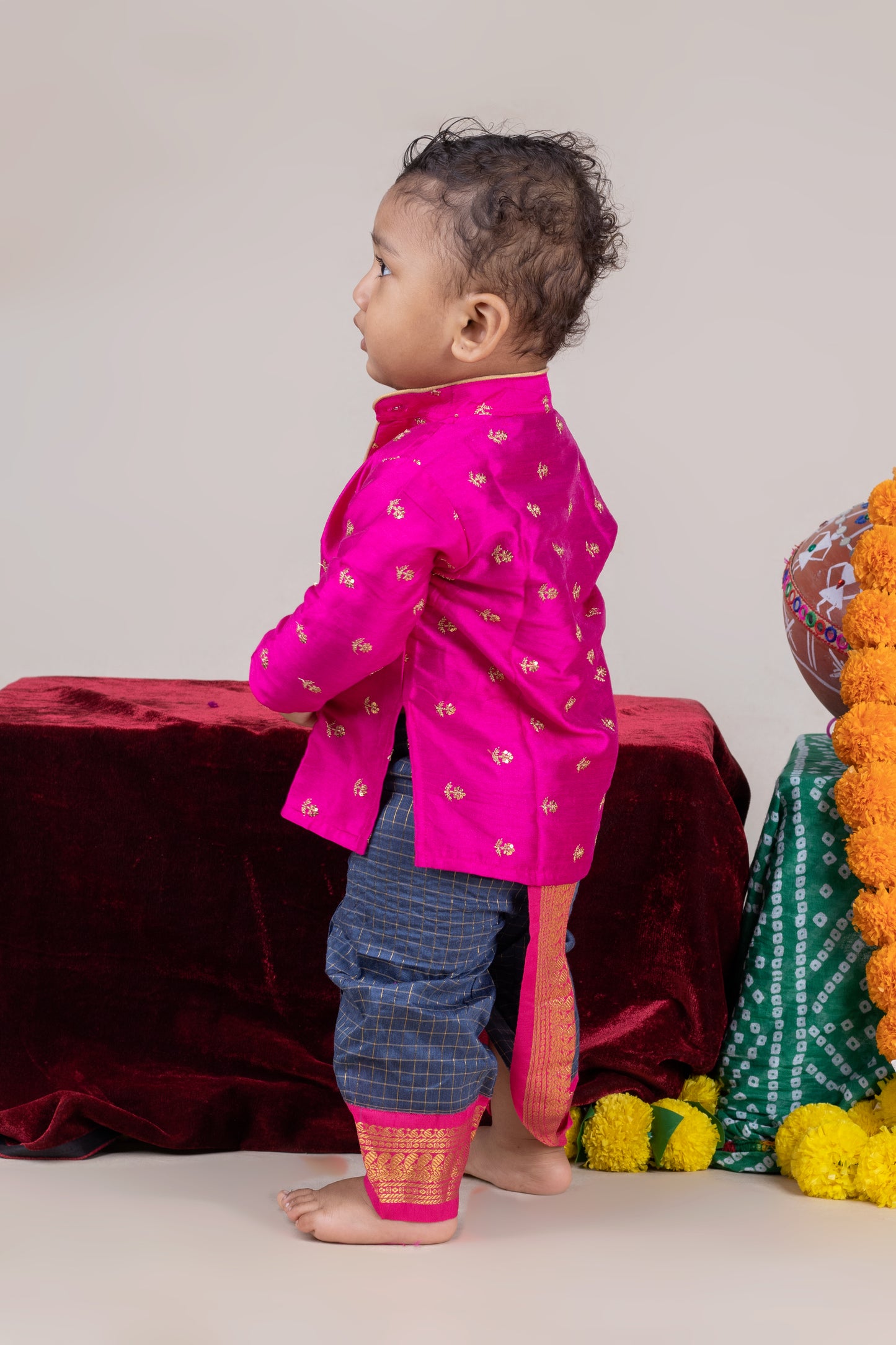 Pink with checked blue - kurta dhoti ethnic wear for baby boy