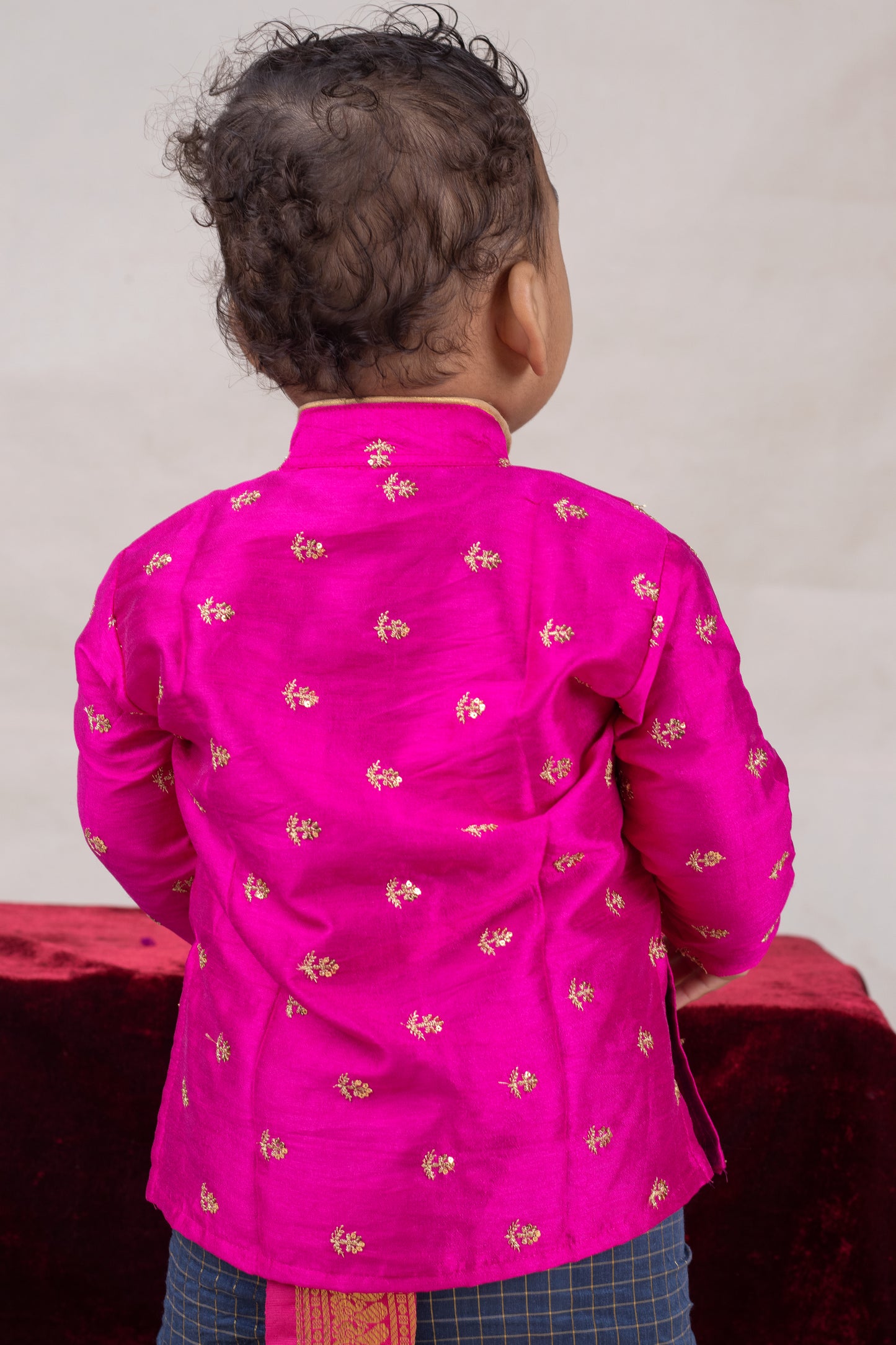 Pink with checked blue - kurta dhoti ethnic wear for baby boy