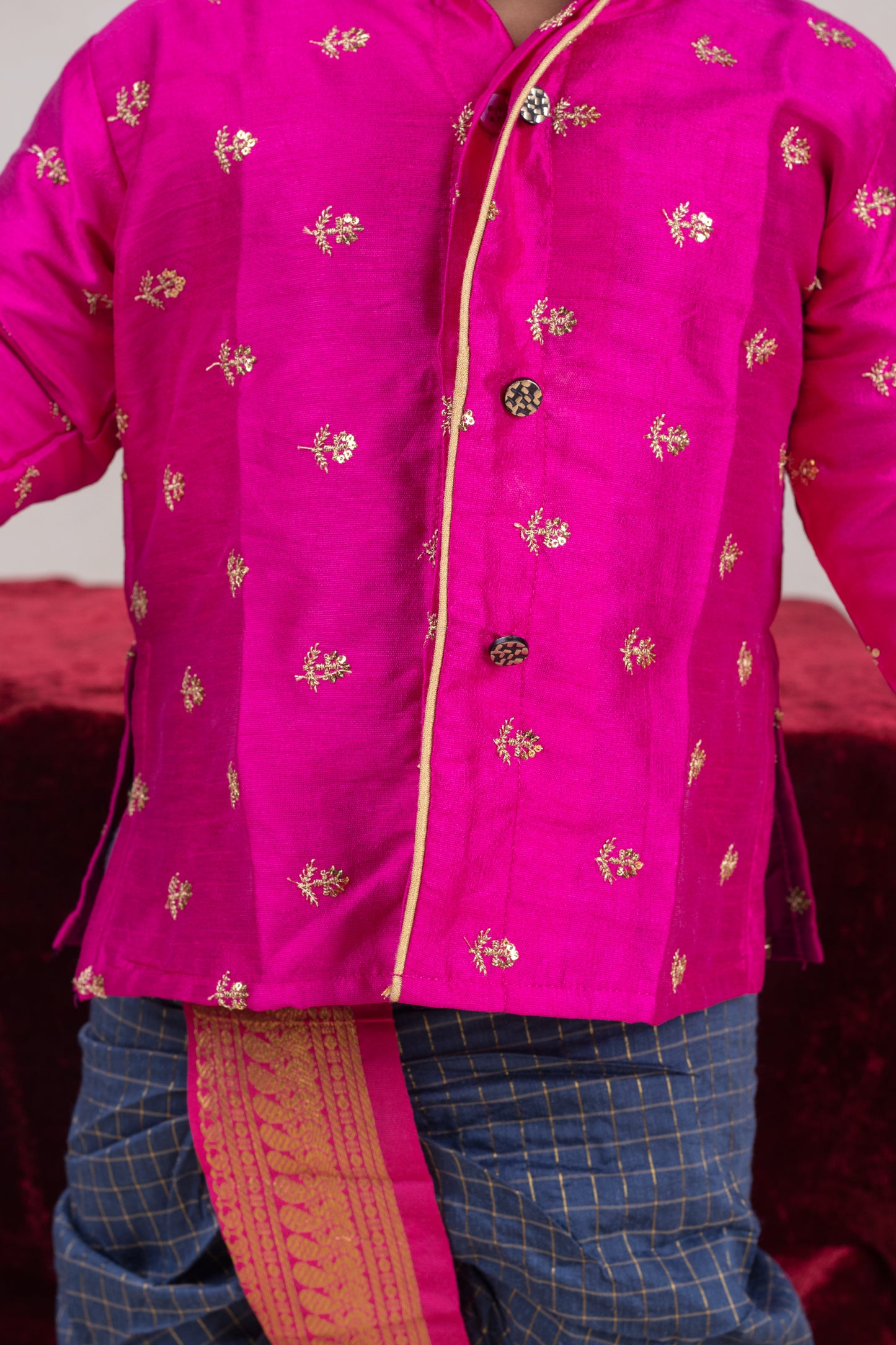 Pink with checked blue - kurta dhoti ethnic wear for baby boy