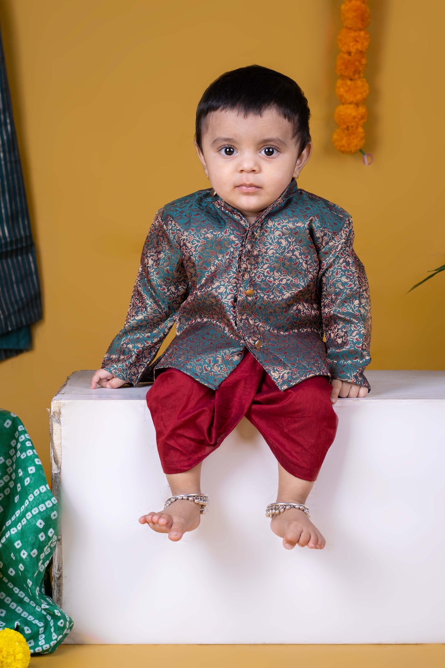 Greyish Blue with maroon thread work kurta and maroon dhoti ethnic wear for baby boy