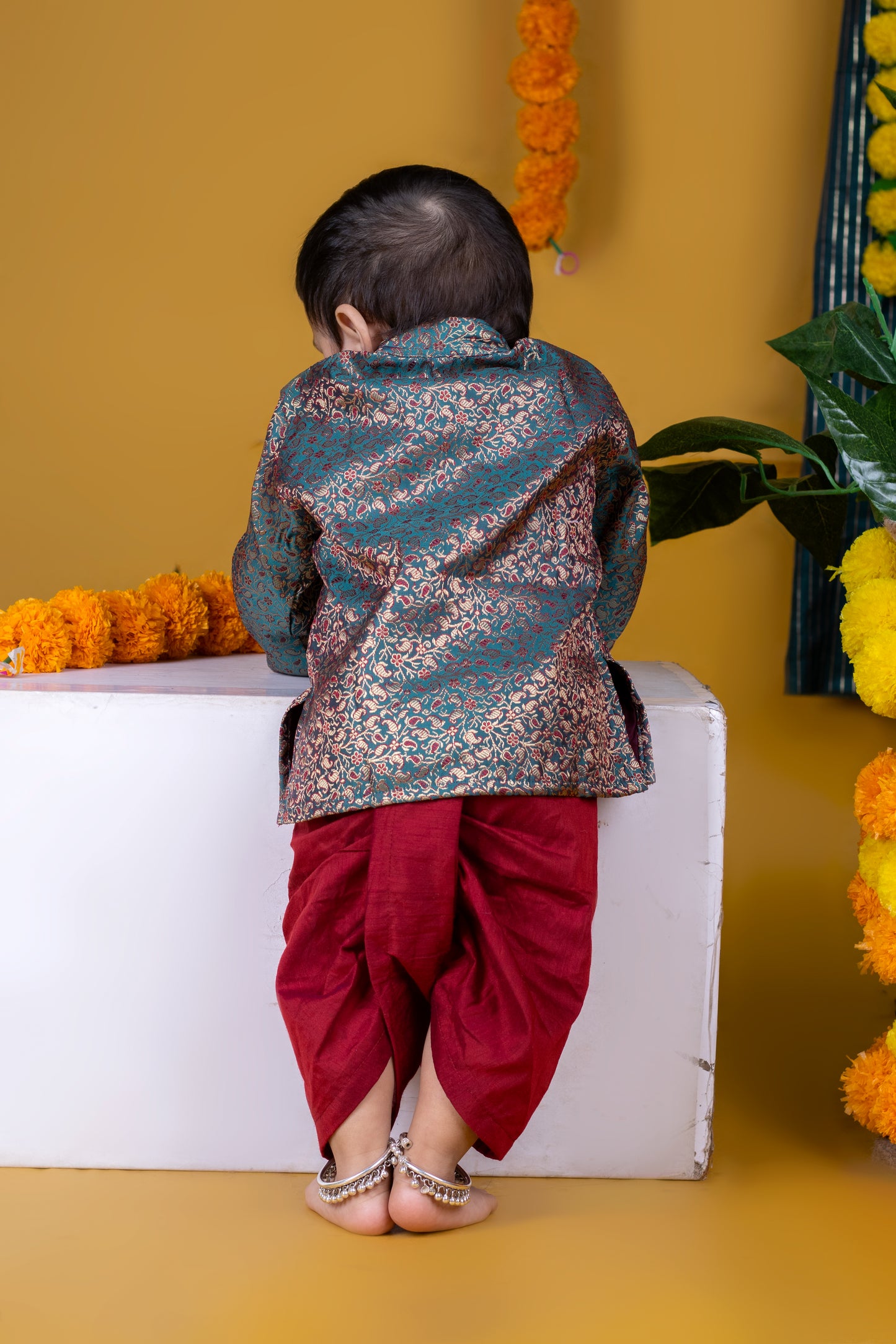 Greyish Blue with maroon thread work kurta and maroon dhoti ethnic wear for baby boy