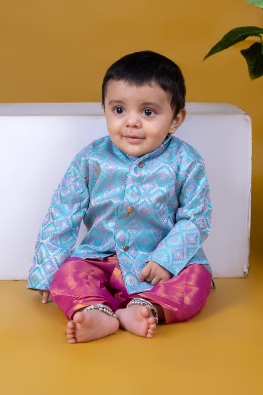 Blue with rose pink kurta dhoti ethnic wear for baby boy