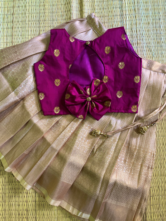Cream and wine premium silk designer bow langa blouse for baby girl