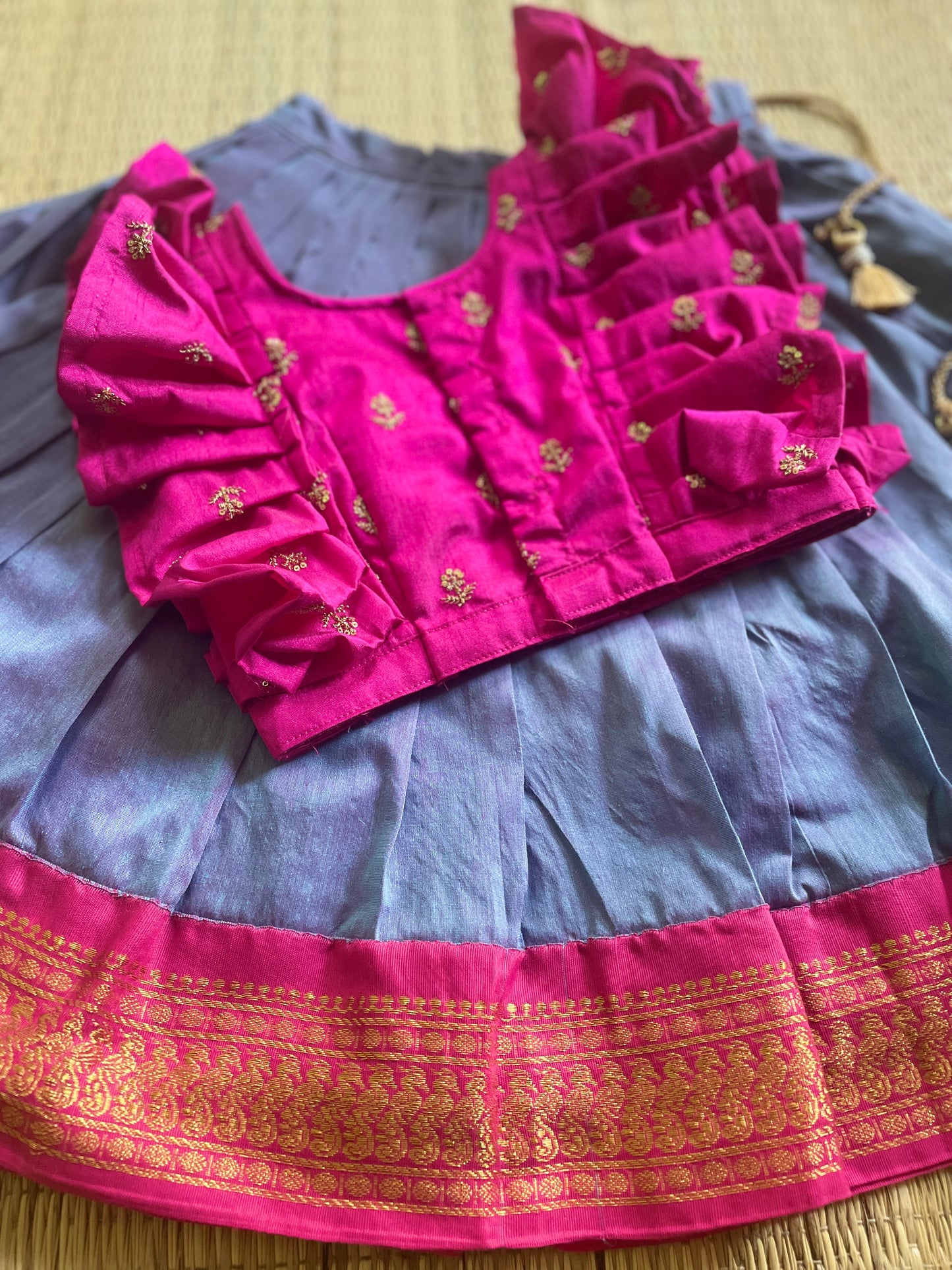 Hot pink ruffle sleeves blouse with unicorn langa - lehenga ethnic traditional wear for baby girl