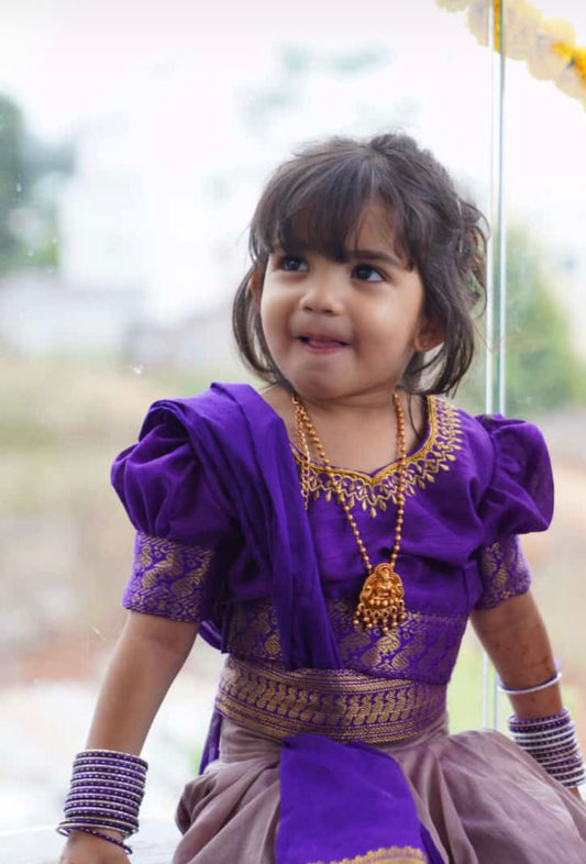 Purple with rare grey combination full lehenga set for baby girl ( Blouse, langa, belt, dupatta)