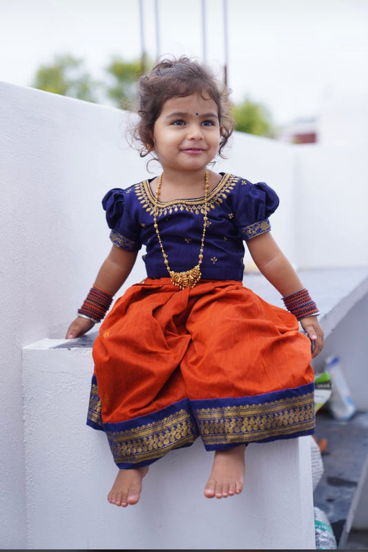 Blue and rusty orange silk south indian ethnic wear langa blouse for baby girl