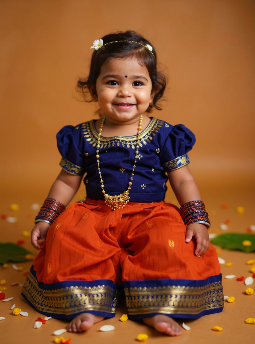 Blue & Rusty Orange Silk Langa Blouse for Baby Girl – South Indian Ethnic Wear