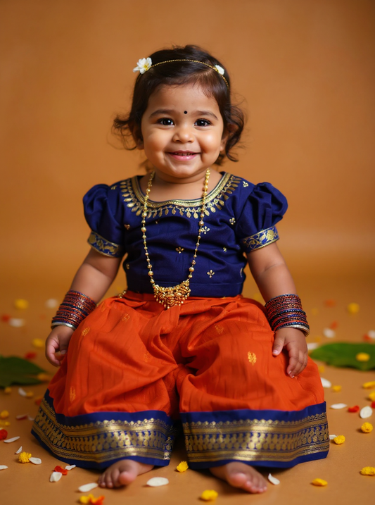 Blue & Rusty Orange Silk Langa Blouse for Baby Girl – South Indian Ethnic Wear