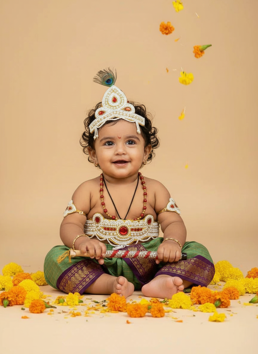 Krishna Dress Set for Baby Boy | Janmashtami dress | Krishna dress for newborn | Green with wine dhoti