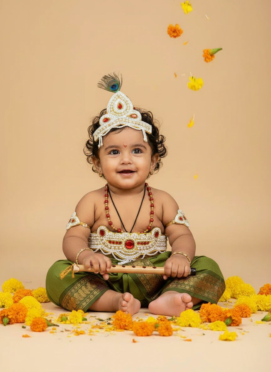 Krishna Dress Set for Baby Boy | Janmashtami dress | Krishna dress for newborn | Parrot green dhoti