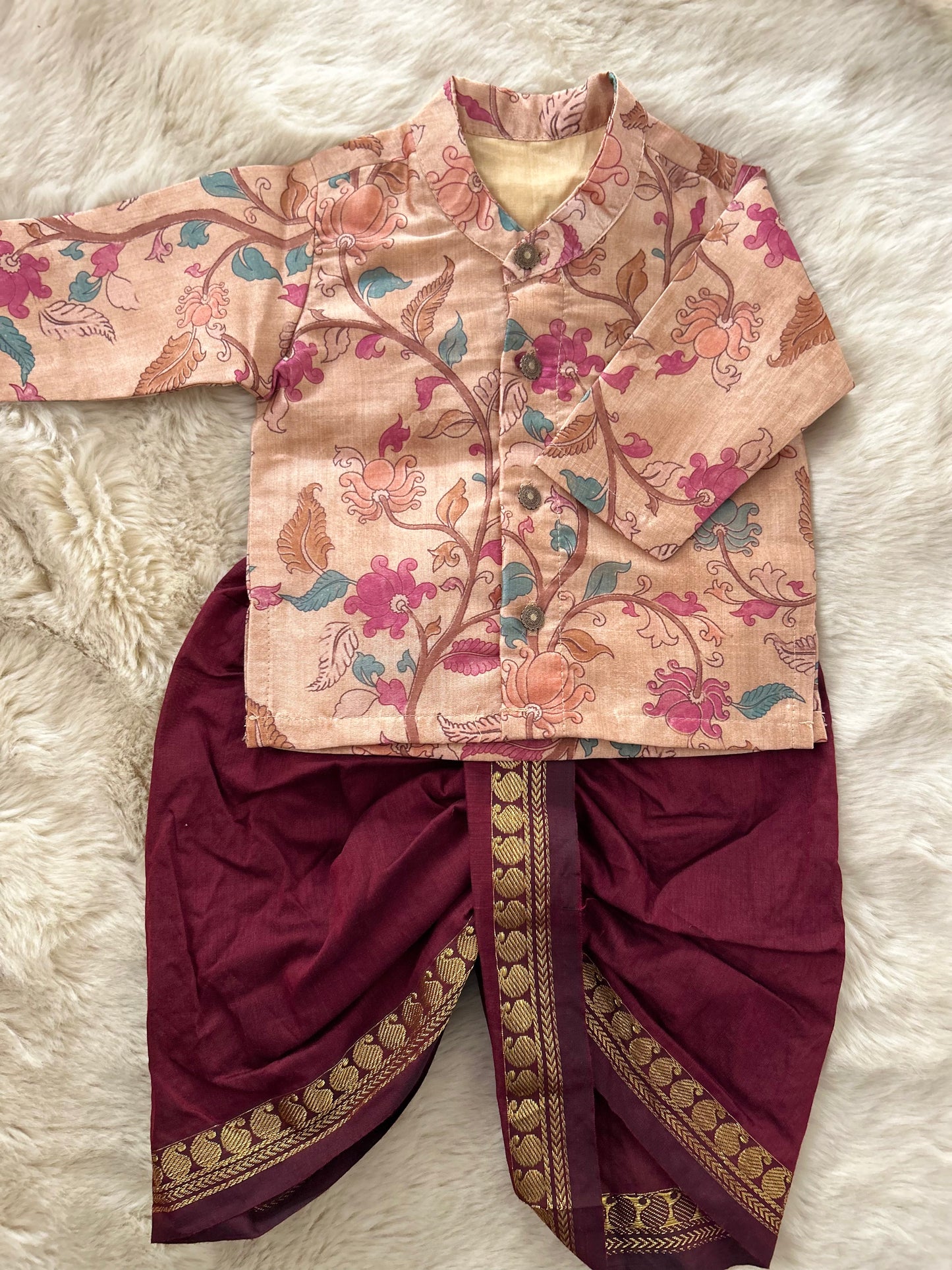 Traditional Indian Kalamkari Soft Beige Baby Boy Silk Kurta Maroon Dhoti Set