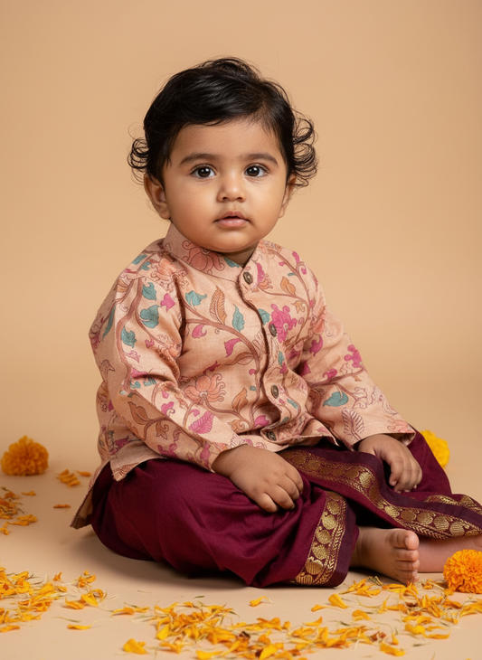 Traditional Indian Kalamkari Soft Beige Baby Boy Silk Kurta Maroon Dhoti Set