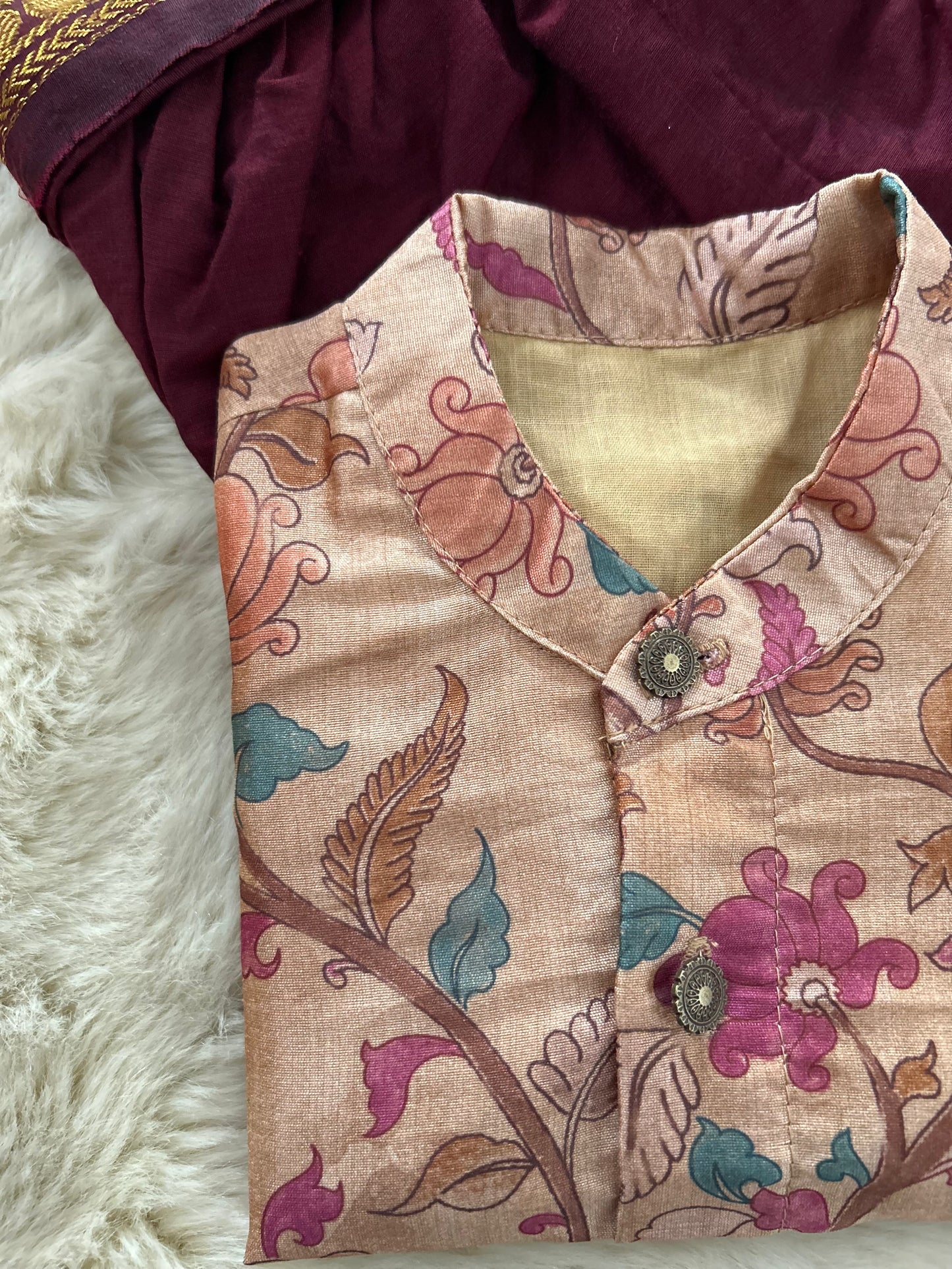 Traditional Indian Kalamkari Soft Beige Baby Boy Silk Kurta Maroon Dhoti Set