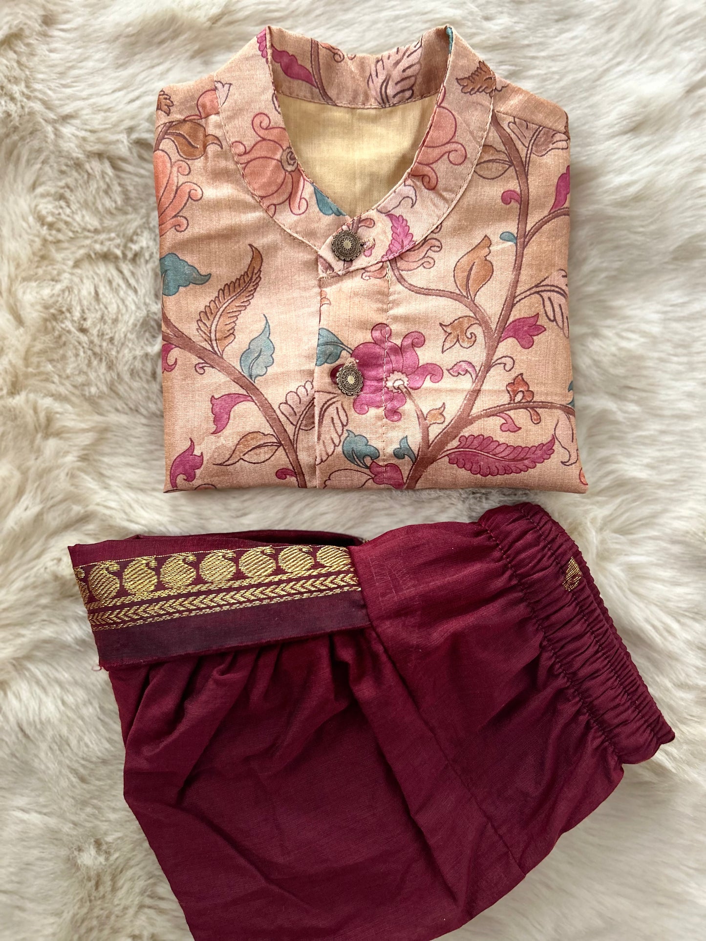 Traditional Indian Kalamkari Soft Beige Baby Boy Silk Kurta Maroon Dhoti Set