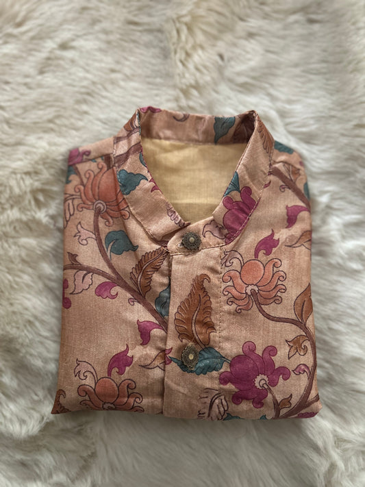 Traditional Indian Kalamkari Soft Beige Baby Boy Silk Kurta