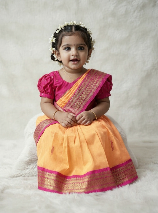 Mango yellow and festive pink  - Ready to wear saree for kids Ethnic wear for baby girl