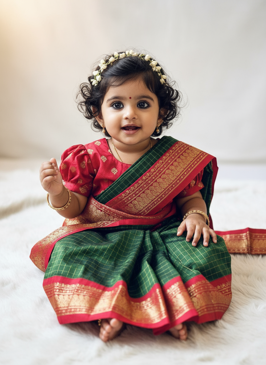 Red and bottle green  - Ready to wear saree for kids Ethnic wear for baby girl