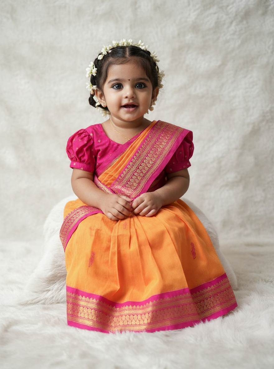 Pink and orange  - Ready to wear saree for kids Ethnic wear for baby girl