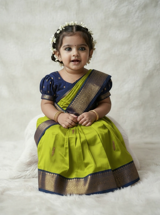 Lime green and navy blue  - Ready to wear muttukattam saree for kids Ethnic wear for baby girl