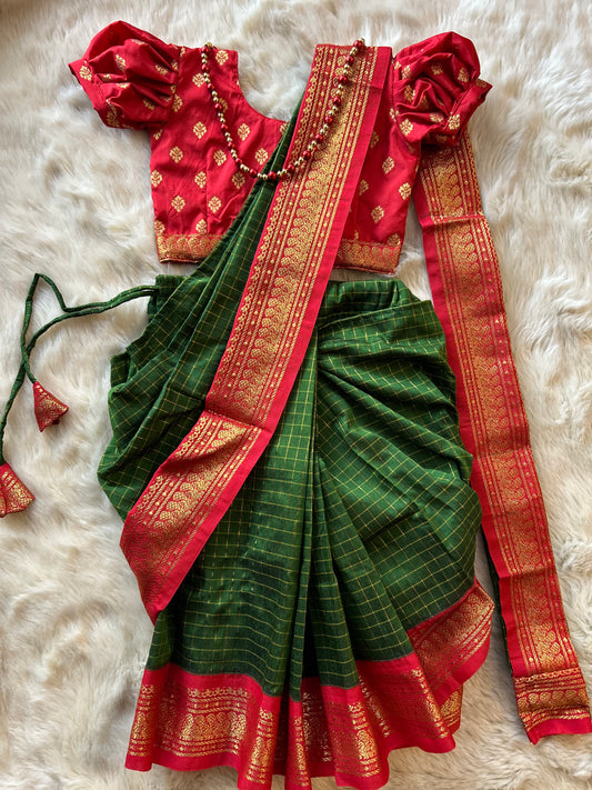 Red and bottle green  - Ready to wear saree for kids Ethnic wear for baby girl