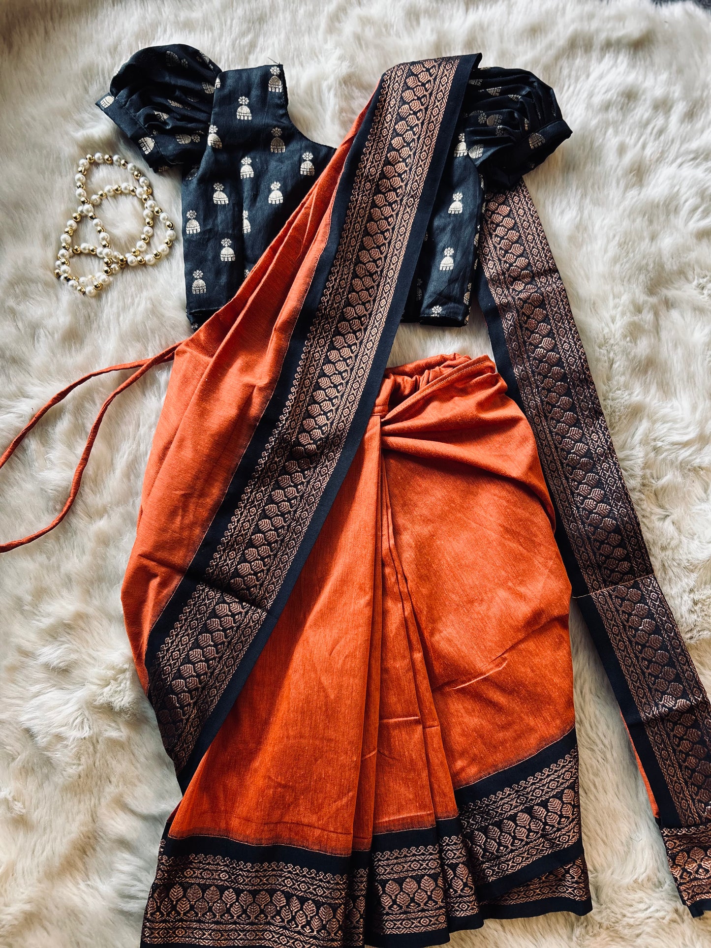 Black and orange  - Ready to wear saree for kids Ethnic wear for baby girl