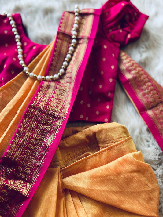 Mango yellow and festive pink  - Ready to wear saree for kids Ethnic wear for baby girl