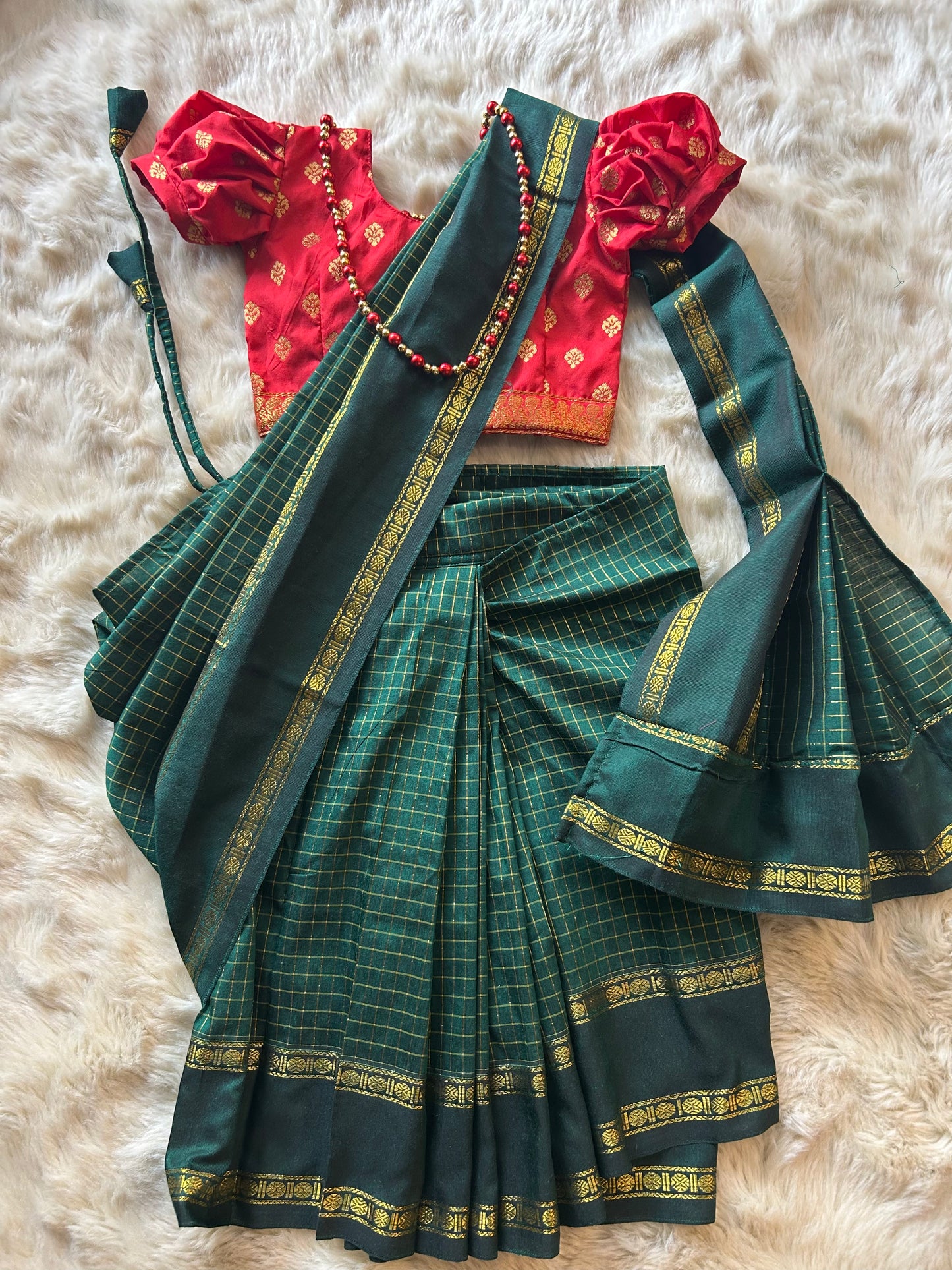 Bottle green and red  - Ready to wear muttukattam saree for kids Ethnic wear for baby girl