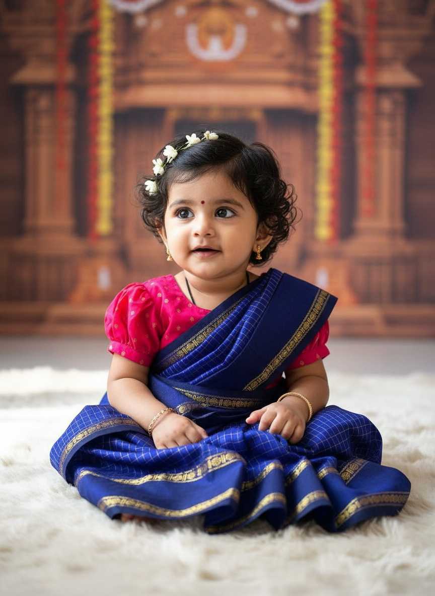 Royal blue with festive pink  - Ready to wear muttukattam cotton silk saree for kids Ethnic wear for baby girl