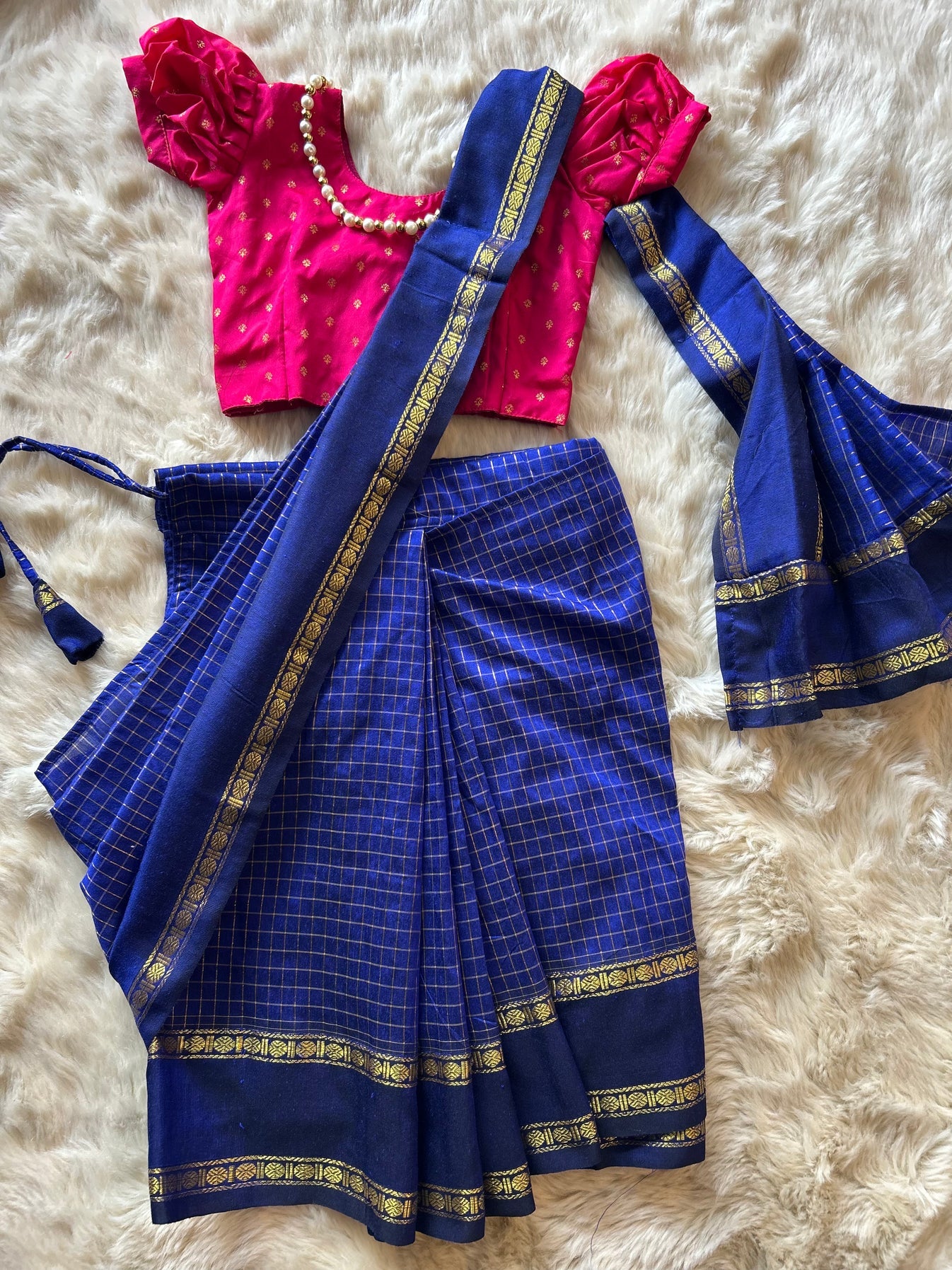 Royal blue with festive pink  - Ready to wear muttukattam cotton silk saree for kids Ethnic wear for baby girl