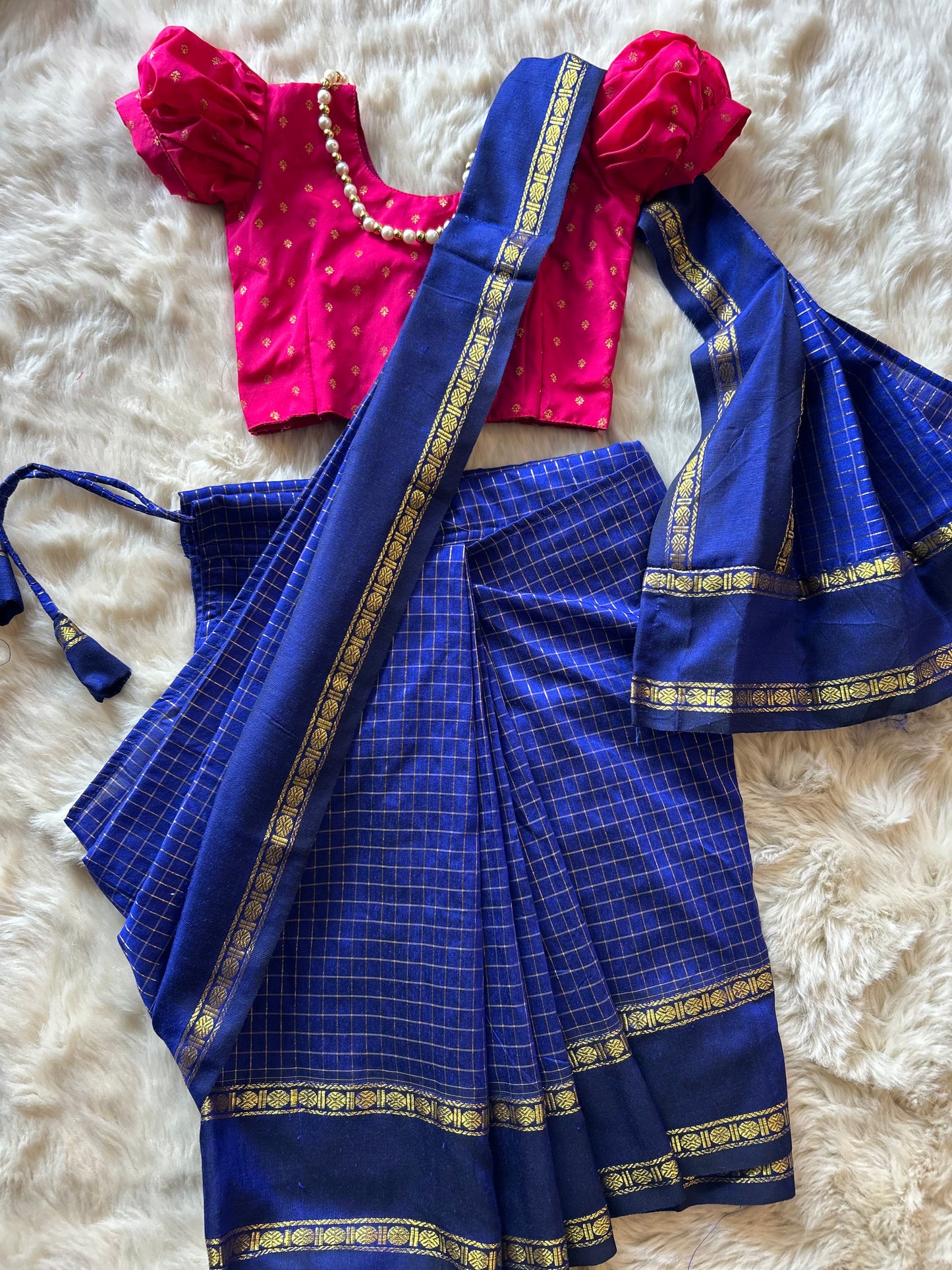 Royal blue with festive pink  - Ready to wear muttukattam cotton silk saree for kids Ethnic wear for baby girl